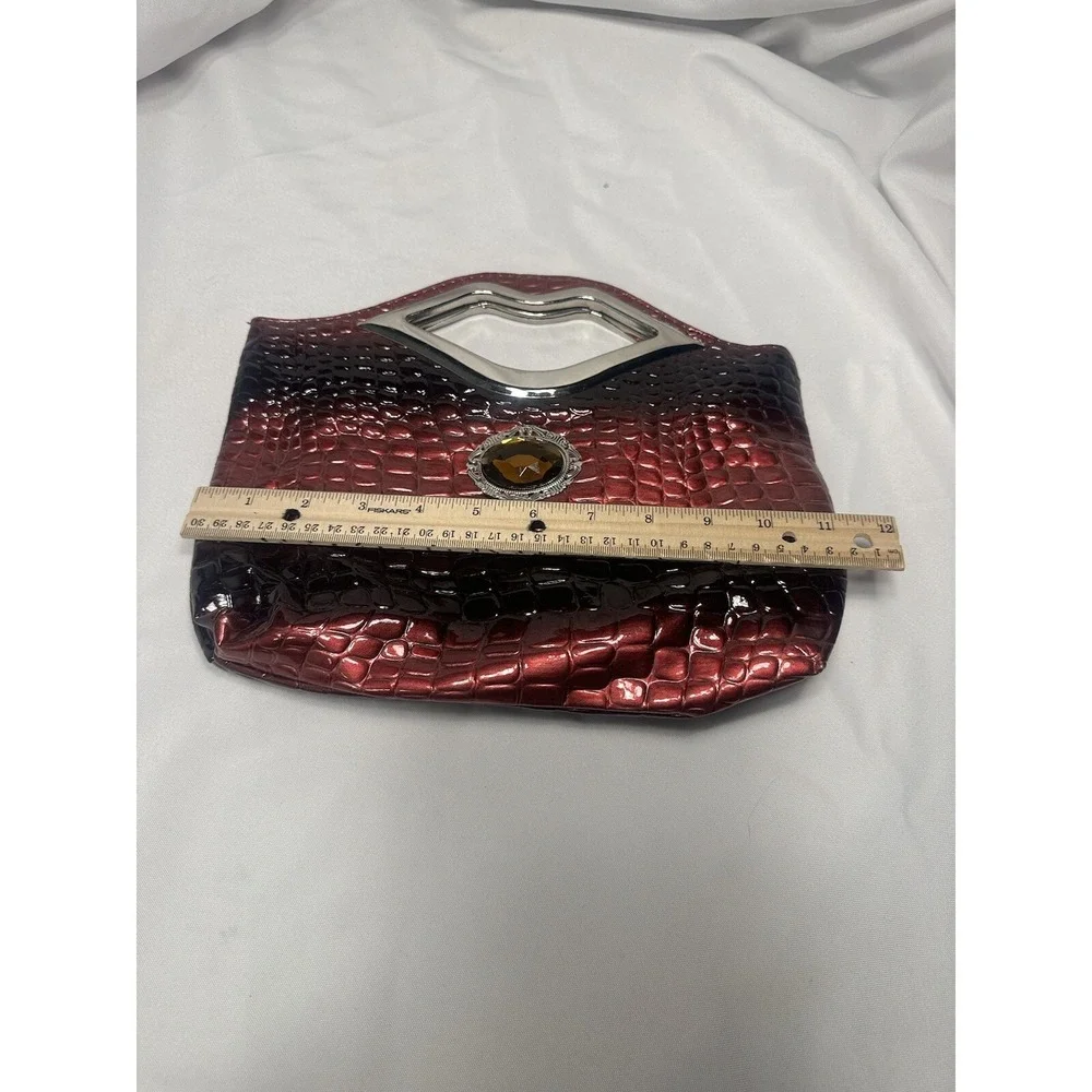 Burgundy Ombre Faux Croc Lip Handle Clutch Bag Amber Jewel Accent Patent Finish
